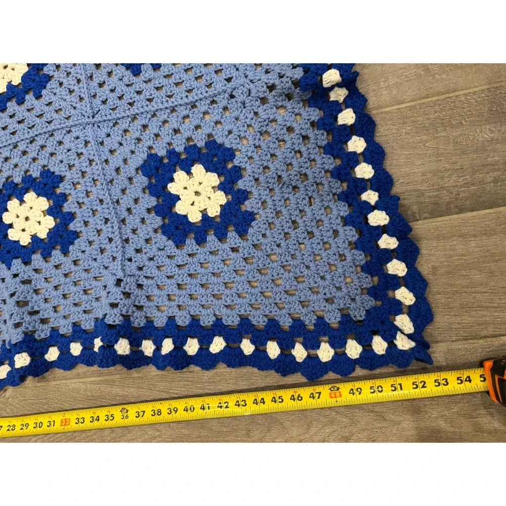 Handmade Crochet Granny Square Blanket Unisex 41x48 Blue White‎ Vintage Retro